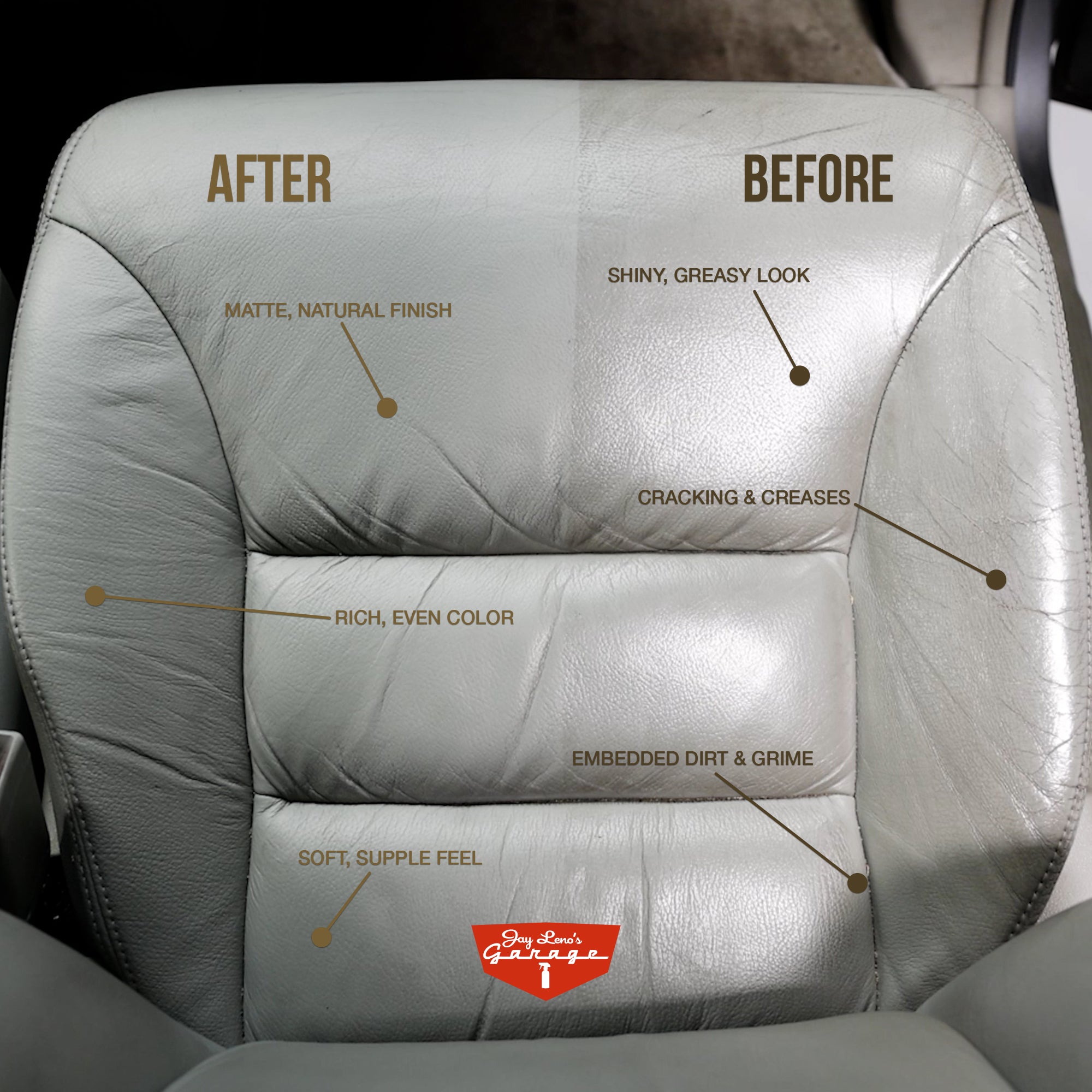 Comparison of a car seat before and after treatment, showing differences in finish, color, and texture.