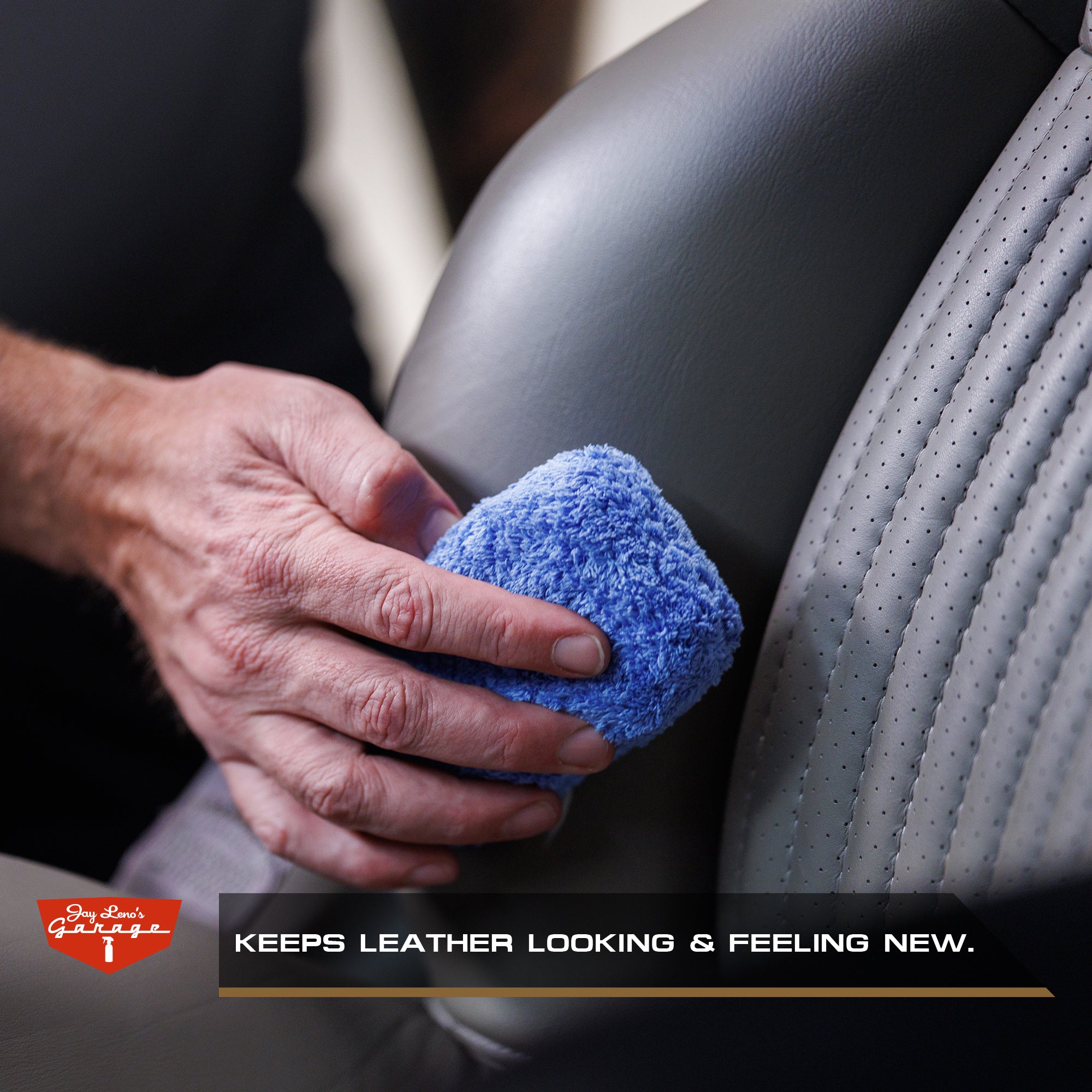 Person applying Jay Leno's Garage Leather Conditioner to leather seats inside a corvette