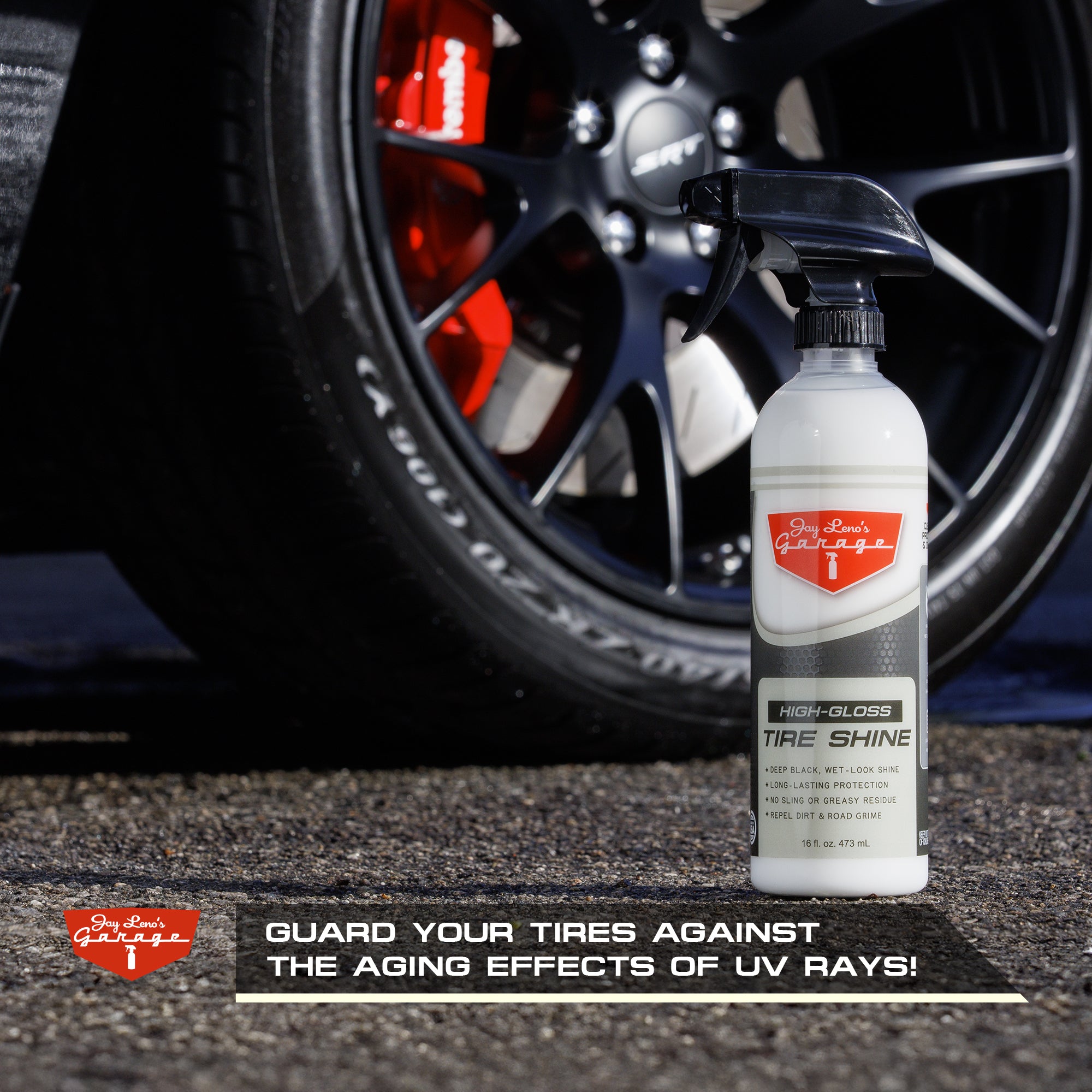 Bottle of tire shine with a car tire in the background